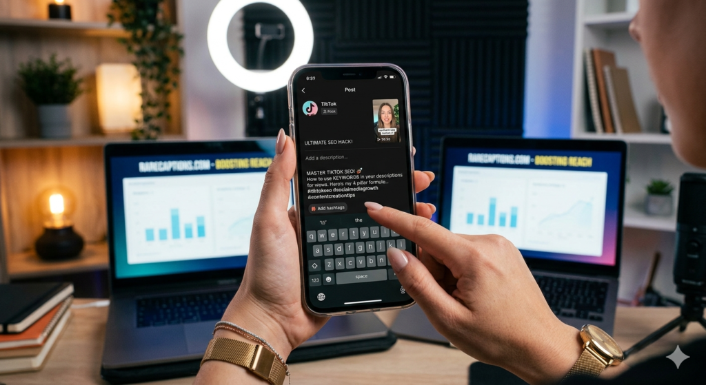 A close-up view of a creator typing a keyword-optimized description into the TikTok post screen on a smartphone, with digital analytics dashboards, a ring light, and studio equipment visible blurred in the background.